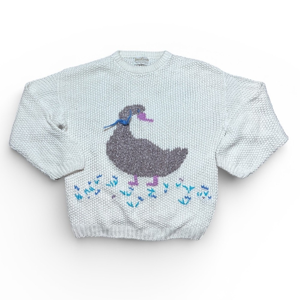 Jantzen Knit Sweater Duck Embroidered Light Blue Ramie Cotton Medium Cottagecore